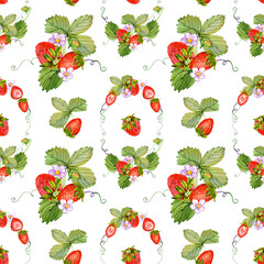 Strawberry Background with flowers, wild berries, leaves. Watercolor seamless texture illustration for summer cover, botanical wallpaper pattern, vintage party backdrop, wedding invitation.