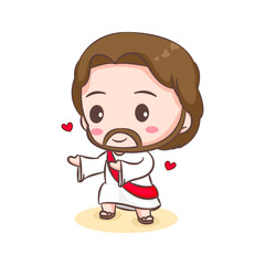 Cute Jesus Christ and the sheep cartoon. Hand drawn Chibi character isolated white background. Christian Bible for kids. Mascot logo icon vector art illustration