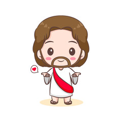 Cute Jesus Christ and the sheep cartoon. Hand drawn Chibi character isolated white background. Christian Bible for kids. Mascot logo icon vector art illustration