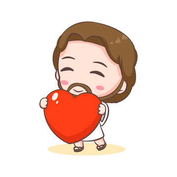 recommend clip art: Cute Jesus Christ cartoon character with love heart. Hand drawn Chibi character, clip art, sticker, isolated white background. Christian Bible for kids. Mascot logo icon vector art illustration