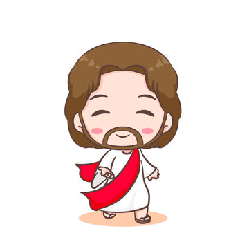 Cute Jesus Christ cartoon character. Hand drawn Chibi character, clip art, sticker, isolated white background. Christian Bible for kids. Mascot logo icon vector art illustration