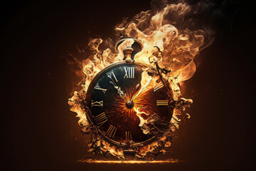 This clock on fire is a visual reminder that time waits for no one. Don't let time slip away – make the most of every precious moment! Generative AI - obrazy, fototapety, plakaty