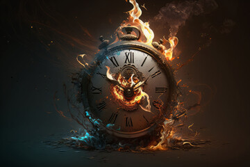 Time is running out! A clock on fire with its face melting away, reminding us that every second counts. Generative AI