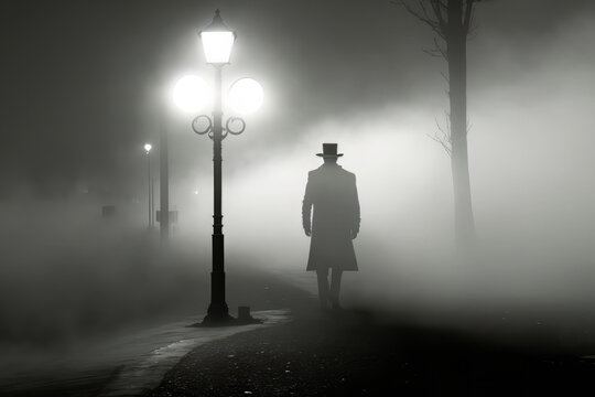 A mysterious figure donning a hat, emerges from the thick fog, lending an air of intrigue to the scene. Generative AI
