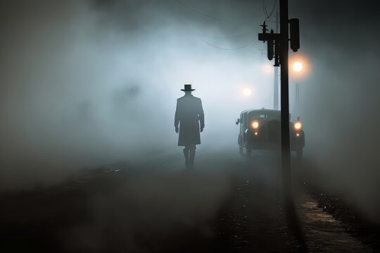A lone wanderer braves the fog, his silhouette an eerie contrast against the misty background. Generative AI