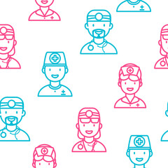 Seamless Pattern with Line Icons of Nurses and Doctors. Vector illustration.