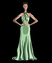 vector illustration of a beautiful elegant African American model in long light green satin evening dress isolated on the black background.