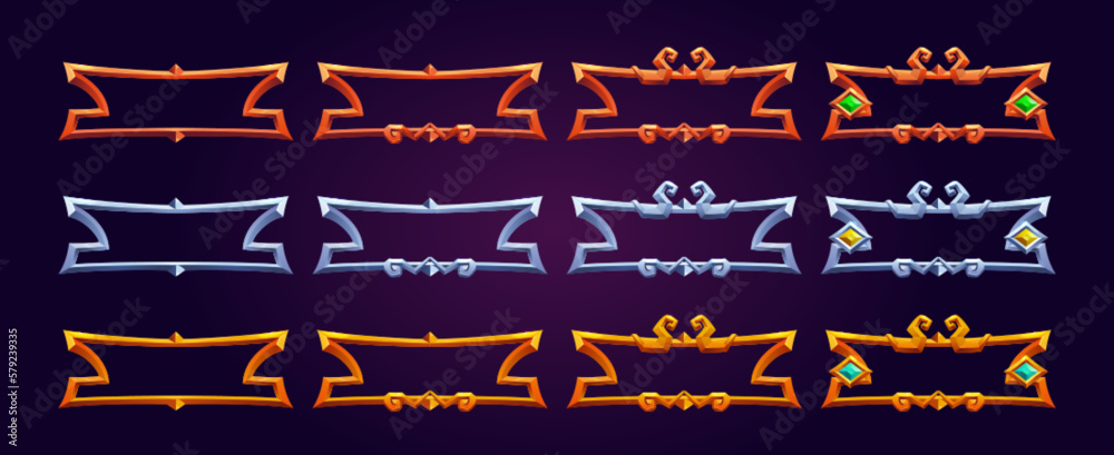 Poster golden medieval fantasy game ui frame for button isolated vector design. bronze border for rpg achie