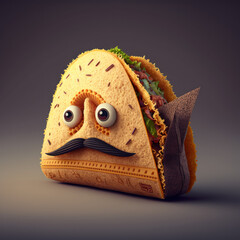 Taco food mascot, guacamole cartoon, 3D Mexican character, 3D food anime character mexican style, GENERATIVE AI