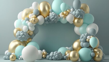 white and gold balloons with a frame, garland decoration elements, frame arch wedding event gender reveal birthday celebration, generative ai, happy joyful fun party, baby shower, empty copy space