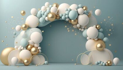 white and gold balloons with a frame, garland decoration elements, frame arch wedding event gender reveal birthday celebration, generative ai, happy joyful fun party, baby shower, empty copy space - obrazy, fototapety, plakaty