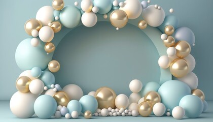 Fototapeta na wymiar white and gold balloons with a frame, garland decoration elements, frame arch wedding event gender reveal birthday celebration, generative ai, happy joyful fun party, baby shower, empty copy space