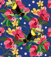 FLOWER AND CUTE TOUCAN BIRDS SEAMLESS PATTERN