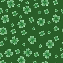 Vector green pattern with green clover leaves, square background. Illustration with leaves on a green background, copy space, paper, packaging, four-leaf clover