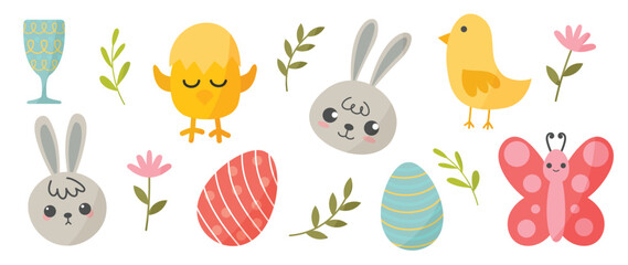 Happy Easter comic element vector set. Cute hand drawn rabbit, chicken, easter egg, spring flowers, leaf branch, butterfly. Collection of doodle animal and adorable design for decorative, card, kids.