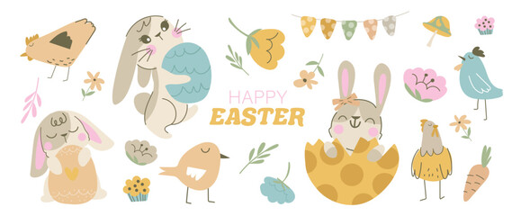 Happy Easter comic element vector set. Cute hand drawn rabbit, chicken, easter egg, spring flowers, leaf branch, mushroom. Collection of doodle animal and adorable design for decorative, card, kids.