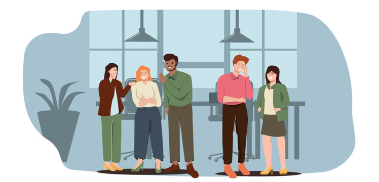 People gossiping, whispering in ear, slandering, spreading secrets, rumors, confidential information and news in the workplace. Colored flat graphic vector illustration isolated on blue background