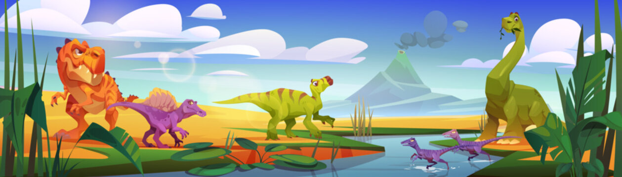 Cartoon dinosaurs drinking water from river on sunny day. Vector cartoon illustration of ancient Jurassic era animals on tropical landscape with volcano eruption. Prehistoric adventure game background