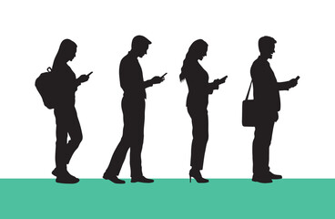 People standing in line texting full legth silhouette white background.