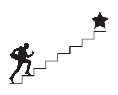 Businessman Climbing Stairs To Reach Star Symbol Of Success Silhouette Vector.