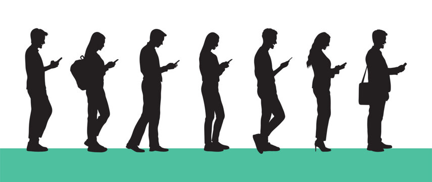 People Standing In Line Queue Texting Full Legth Silhouette White Background.