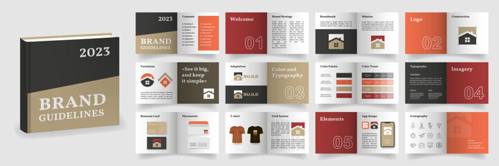 Brand Guidelines template. Brown and Red Logo Guideline template. Brand Manual presentation mockup. Logo Guide Book layout. Logotype presentation