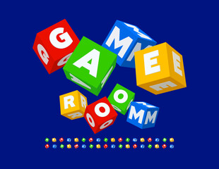 Fototapeta premium Vector Colorful Emblem Game Room Creative blocks Font. 3D cube Alphabet Letters and Numbers setSymbols