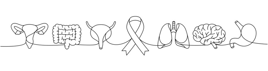 Reproductive system, intestines, bladder, lungs, stomach, brain one line illustration. Cancer ribbon, AIDS ribbon continuous one line illustration.
