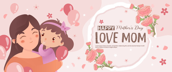 Girl says love mom in mother's ear with carnations and balloons on pink background