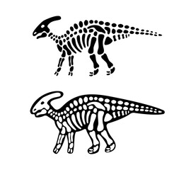 Parasaurolophus bones and skull. Parasaurolophus skeleton. Prehistoric animal silhouette. Paleontology and archeology. Prehistoric creature bones