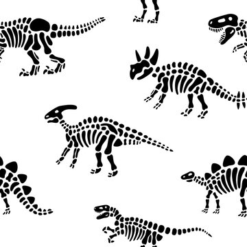 Dinosaur bones seamless pattern. Dinosaur fossils skeletons background. Paleontology and archeology.