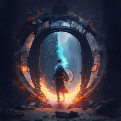 Fantasy character near a magical portal