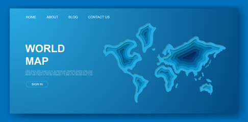 World 3d paper cut website template. Earth silhouette paper cut out illustration. Earth map symbol for landing page, advertising page.