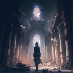 Fantasy character in a cathedral in the dark