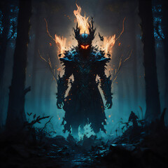 Burning fantasy creature in the forest