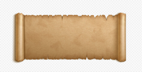 Old paper or parchment scroll. Ancient papyrus texture. Empty antique manuscript with rolled edges isolated on transparent background, vector realistic illustration