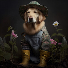 golden retriever dressed as an gardner