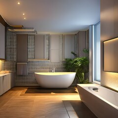 Fototapeta na wymiar A bathroom with a spa-like feel, including a deep tub and rain shower 1_SwinIRGenerative AI