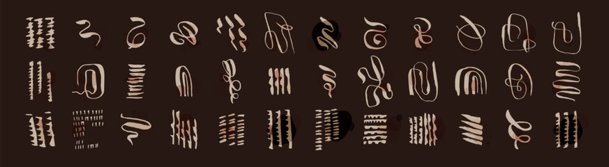 Vector set of modern stylish artistic hand drawn lines, circles, smears, waves, brush stroke knot compositions. Minimal contemporary artwork collection. Hand drawn wavy shaped elements, black backdrop