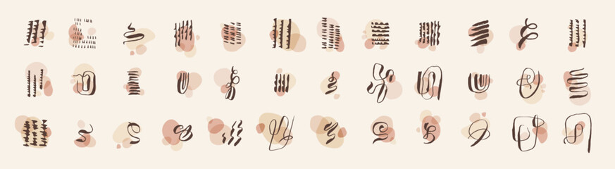 Vector stylish artistic hand drawn textures, symbols, signs, icons, mini compositions set. Minimalistic lines, circles, smears, waves, brush strokes, knots. Hand drawn wavy shaped design elements