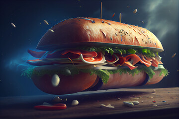 sandwich with cheese and vegetables AI generated art, Generative AI, illustration.