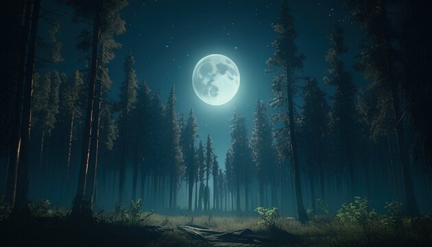 moonlit forest with tall trees digital art illustration, Generative AI