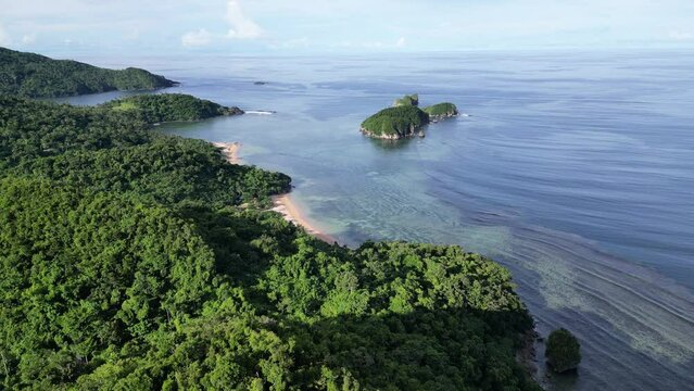 Aerial Flyover Rainforest Toward Beach and Islands, Catanduanes, Philippines