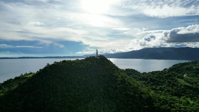 Aerial Fly-to Bote Lighthouse Surrounded by Rainforest, Cabugao Bay, Catanduanes, Philippeans