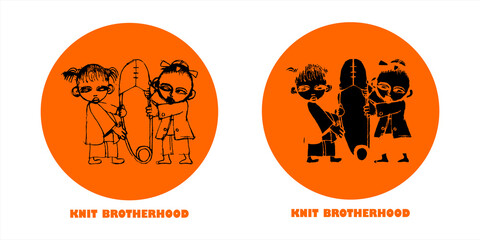 Illustration of brotherhood symbol of two men and women holding pins to each other