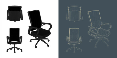 Vector modern Office chair ergonomic in various points of view. blue print isolated background