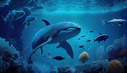 Tropical Sea Animals in Deep Blue Ocean Seascape Background AI Generative