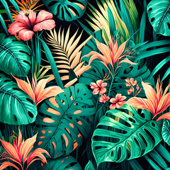 Beautiful colorful tropical leaves. Abstract background or wallpaper. Printable artwork. Generative AI.