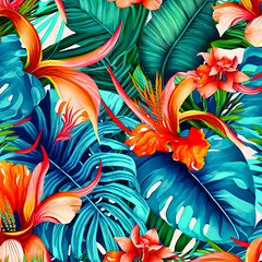 Beautiful colorful tropical leaves. Abstract background or wallpaper. Printable artwork. Generative AI.