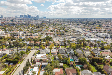 Los Angeles, California – February 26, 2023: aerial city view drone photo toward Downtown LA...